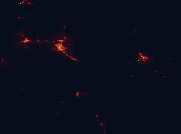Satellite night-light map of the 100 km around Cascade-Siskiyou National Monument, with Medford, Ashland and Grants Pass marked