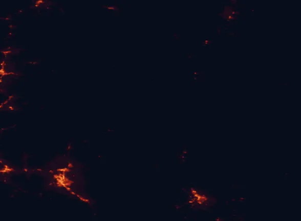 Satellite night-light map of the 100 km around Crater Lake National Park, with Medford, Klamath Falls and Ashland marked