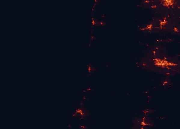 Satellite night-light map of the 100 km around Darlingtonia State Natural Site, with Eugene, Springfield and Corvallis marked