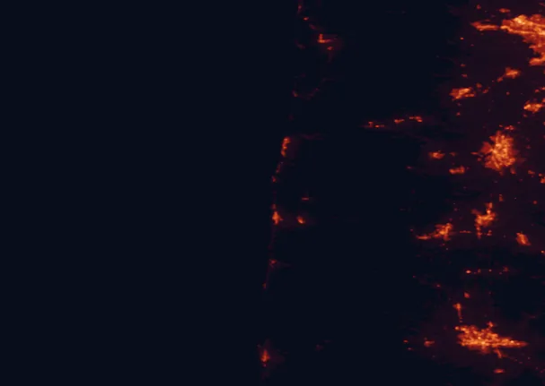 Satellite night-light map of the 100 km around Devils Punch Bowl State Natural Area, with Salem, Eugene and Hillsboro marked