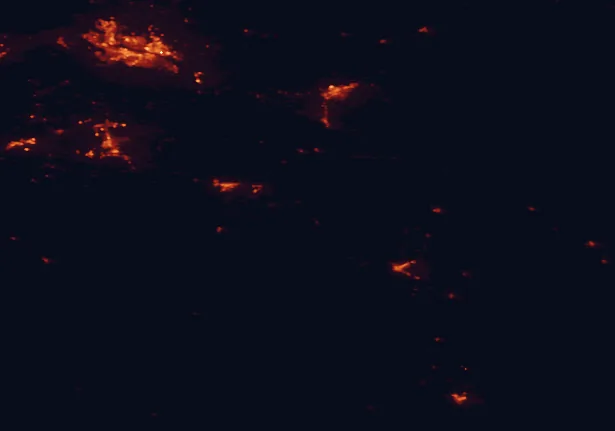 Satellite night-light map of the 100 km around Emigrant Springs State Heritage Area, with Kennewick, Pasco and Richland marked