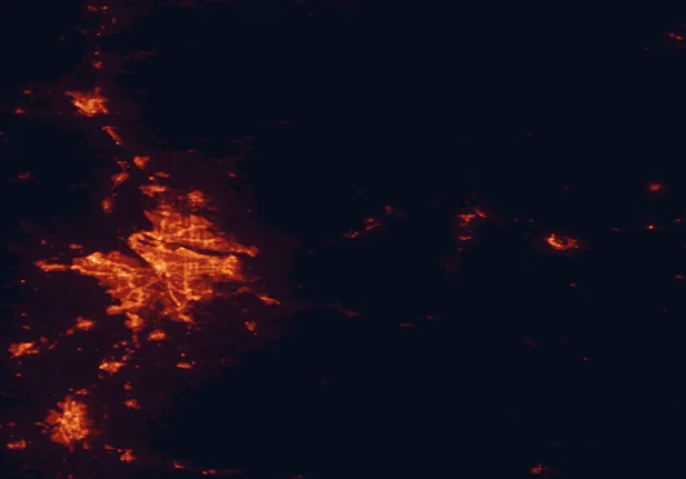 Satellite night-light map of the 100 km around John B. Yeon State Scenic Corridor, with Portland, Vancouver and Gresham marked