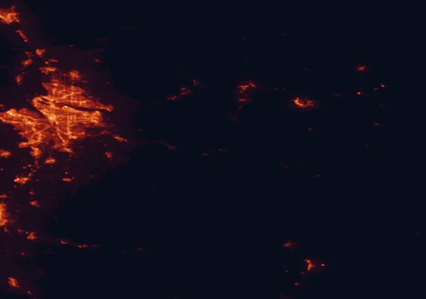 Satellite night-light map of the 100 km around Mount Hood National Forest, with Portland, Vancouver and Gresham marked