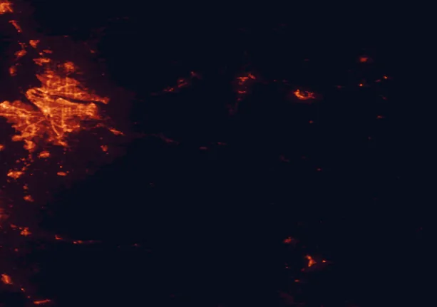 Satellite night-light map of the 100 km around Mount Hood National Recreation Area, with Portland, Vancouver and Gresham marked