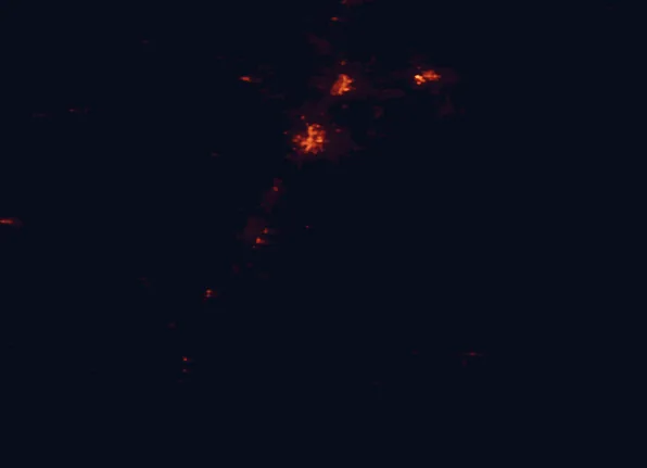 Satellite night-light map of the 100 km around Newberry National Volcanic Monument, with Bend, Redmond and Prineville marked