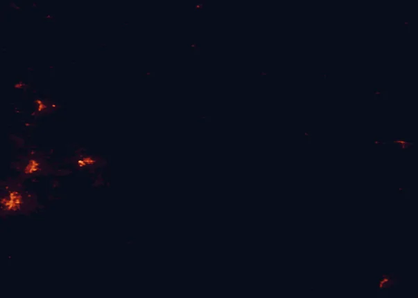 Satellite night-light map of the 100 km around Ochoco National Forest, with Redmond and Prineville marked