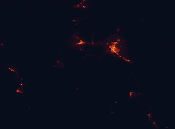 Satellite night-light map of the 100 km around Oregon National Forest, with Medford, Grants Pass and Ashland marked