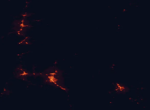 Satellite night-light map of the 100 km around Prospect State Scenic Viewpoint, with Medford, Grants Pass and Ashland marked