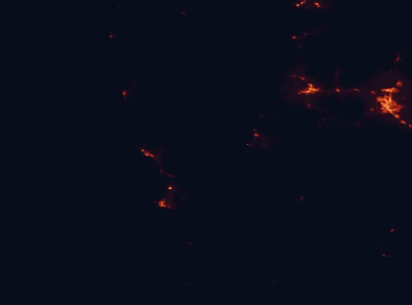 Satellite night-light map of the 100 km around Rogue River-Siskiyou National Forest, with Medford, Grants Pass and Central Point marked