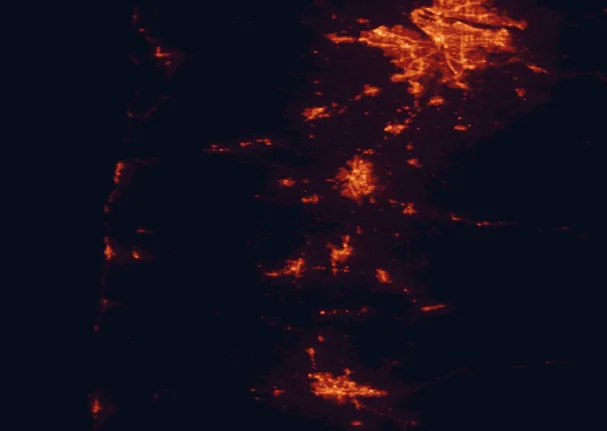 Satellite night-light map of the 100 km around Sarah Helmick State Recreation Site, with Portland, Salem and Eugene marked