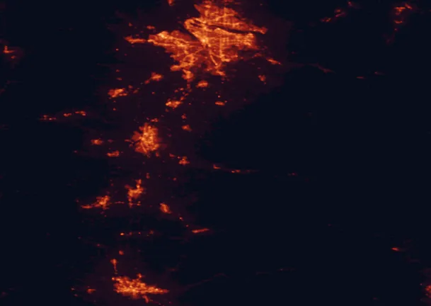 Satellite night-light map of the 100 km around Silver Falls State Park, with Portland, Salem and Vancouver marked