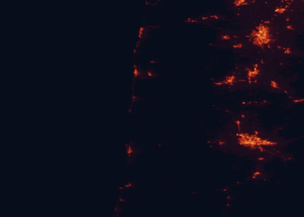 Satellite night-light map of the 100 km around Siuslaw National Forest, with Eugene, Salem and Corvallis marked