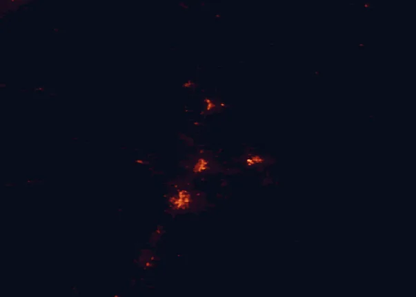 Satellite night-light map of the 100 km around Smith Rock State Park, with Bend, Redmond and Prineville marked