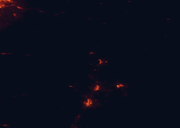 Satellite night-light map of the 100 km around The Cove Palisades State Park, with Bend, Redmond and Prineville marked