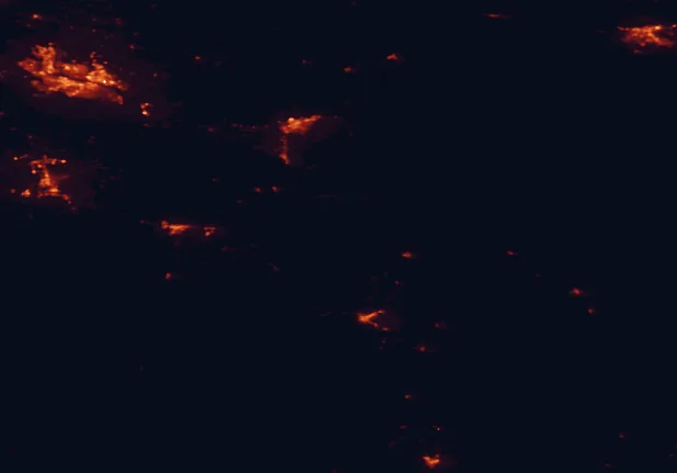 Satellite night-light map of the 100 km around Umatilla National Forest, with Kennewick, Pasco and Walla Walla marked