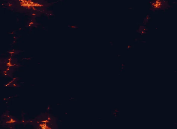 Satellite night-light map of the 100 km around Umpqua National Forest, with Eugene, Bend and Springfield marked