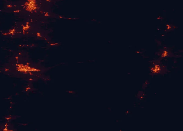 Satellite night-light map of the 100 km around Willamette National Forest, with Eugene, Salem and Bend marked