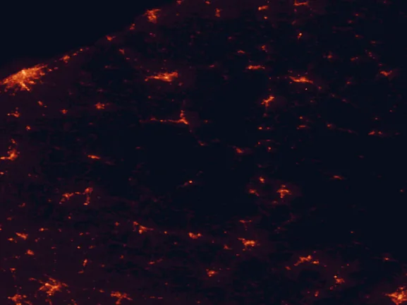 Satellite night-light map of the 100 km around Allegheny National Forest, with Erie, Jamestown and Warren marked