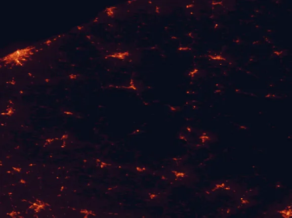 Satellite night-light map of the 100 km around Allegheny National Recreation Area, with Erie, Jamestown and Warren marked