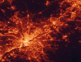 Satellite night-light map of the 50 km around Bensalem, with Philadelphia, Trenton and Levittown marked