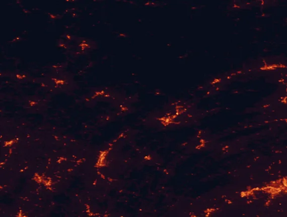 Satellite night-light map of the 100 km around Black Moshannon State Park, with State College, Altoona and Park Forest Village marked