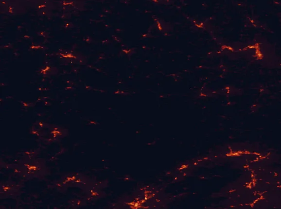 Satellite night-light map of the 100 km around Cherry Springs State Park, with Williamsport, Elmira and Olean marked