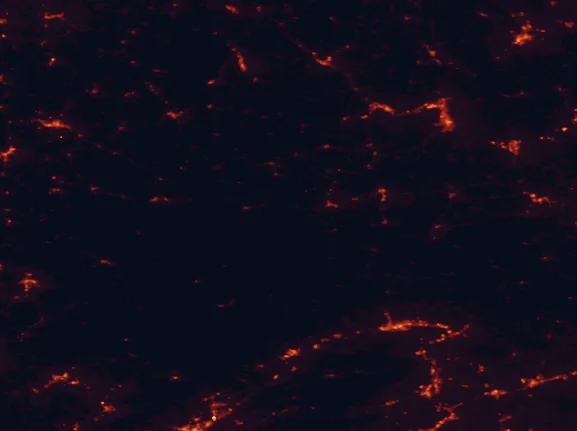 Satellite night-light map of the 100 km around Colton Point State Park, with Williamsport, Elmira and Ithaca marked