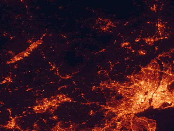 Satellite night-light map of the 100 km around Delaware Water Gap National Recreation Area, with New York City, Brooklyn and Queens marked