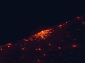Satellite night-light map of the 50 km around Erie, with Northwest Harborcreek, Lawrence Park and Conneaut marked