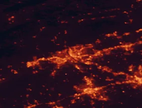 Satellite night-light map of the 50 km around Harrisburg, with York, Colonial Park and Progress marked