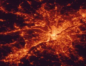 Satellite night-light map of the 50 km around Havertown, with Philadelphia, Camden and Cherry Hill marked