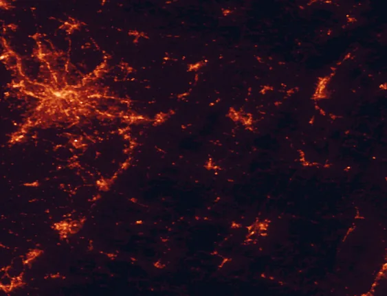 Satellite night-light map of the 100 km around Laurel Summit State Park, with Pittsburgh, Altoona and Johnstown marked