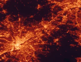 Satellite night-light map of the 50 km around Levittown, with Philadelphia, Trenton and Bensalem marked