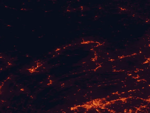 Satellite night-light map of the 100 km around McCalls Dam State Park, with Williamsport, State College and Harrisburg marked