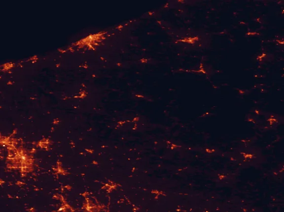 Satellite night-light map of the 100 km around Oil Creek State Park, with Erie, Youngstown and Jamestown marked