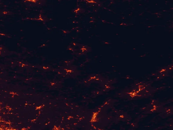 Satellite night-light map of the 100 km around Parker Dam State Park, with Altoona, State College and Saint Marys marked