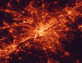 Satellite night-light map of the 50 km around Philadelphia, with Camden, Cherry Hill and Havertown marked