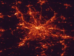Satellite night-light map of the 50 km around Pittsburgh, with Mount Lebanon, Bethel Park and Monroeville marked