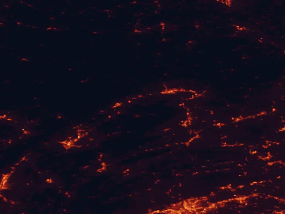 Satellite night-light map of the 100 km around Ravensburg State Park, with Williamsport, State College and Harrisburg marked