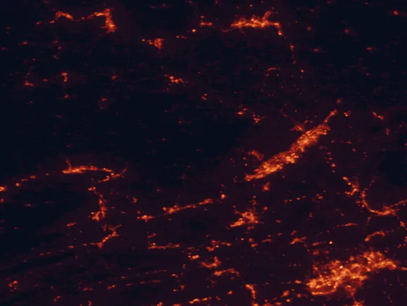 Satellite night-light map of the 100 km around Ricketts Glen State Park, with Scranton, Allentown and Wilkes-Barre marked