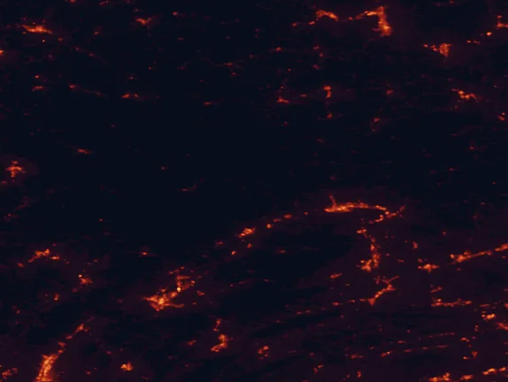 Satellite night-light map of the 100 km around Upper Pine Bottom State Park, with Williamsport, State College and Altoona marked