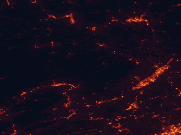 Satellite night-light map of the 100 km around Worlds End State Park, with Scranton, Wilkes-Barre and Williamsport marked
