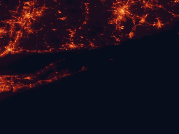 Satellite night-light map of the 100 km around Montauk Point State Park, with Providence, New Haven and Hartford marked