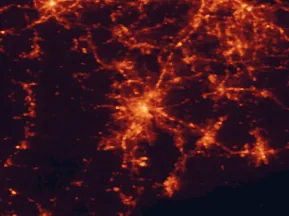 Satellite night-light map of the 50 km around Providence, with Cranston, Pawtucket and Warwick marked
