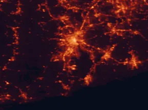 Satellite night-light map of the 50 km around Warwick, with Providence, Cranston and Fall River marked
