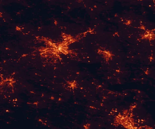 Satellite night-light map of the 100 km around Congaree National Park, with Columbia, Sumter and Summerville marked