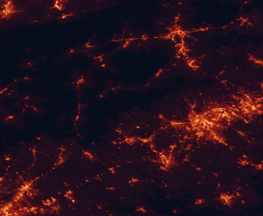 Satellite night-light map of the 100 km around Devils Fork State Park, with Asheville, Greenville and Easley marked