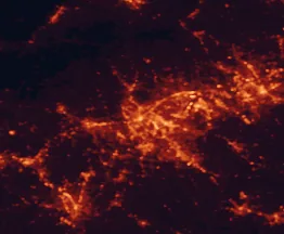 Satellite night-light map of the 50 km around Greenville, with Mauldin, Wade Hampton and Greer marked