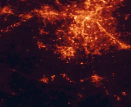 Satellite night-light map of the 50 km around Rock Hill, with Charlotte, Gastonia and Indian Trail marked