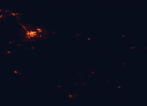 Satellite night-light map of the 100 km around Badlands National Park, with Rapid City, Box Elder and Rapid Valley marked